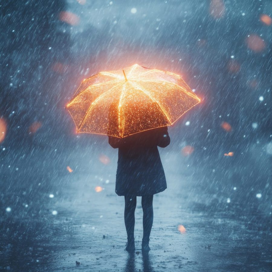 Conceptual image of hope and resilience represented by a glowing umbrella in a storm